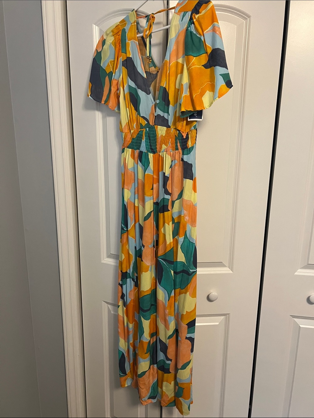 Colorful Abstract Maxi Dress in Yellow, Teal & Coral